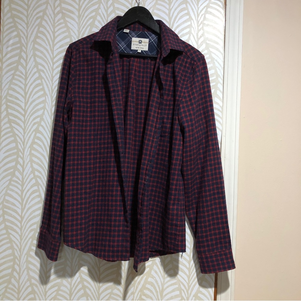 Men’s Navy and Red Flannel Button Up Top